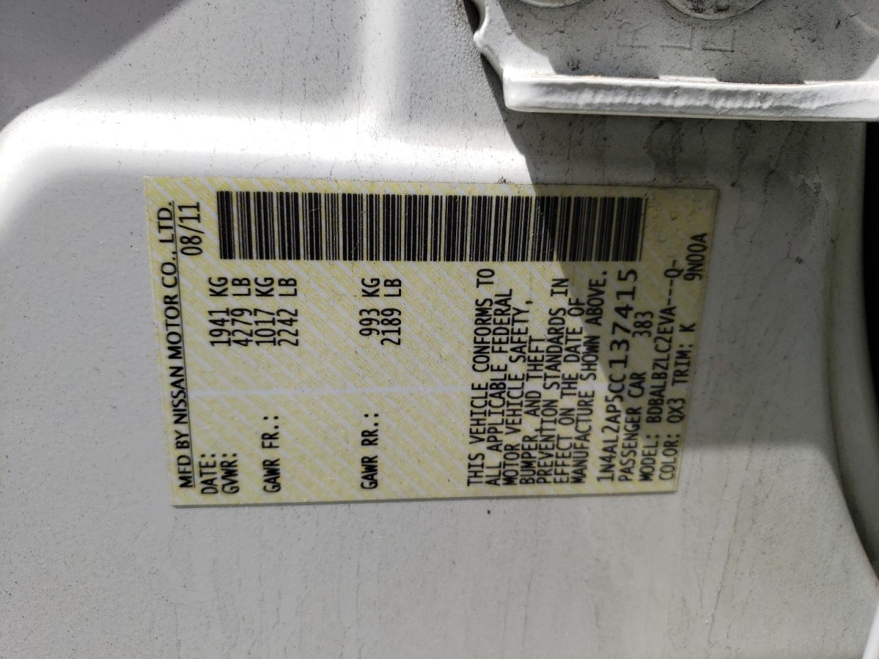 Photo 10 from auction – 2012 NISSAN ALTIMA BAS with VIN 1N4AL2AP5CC137415
