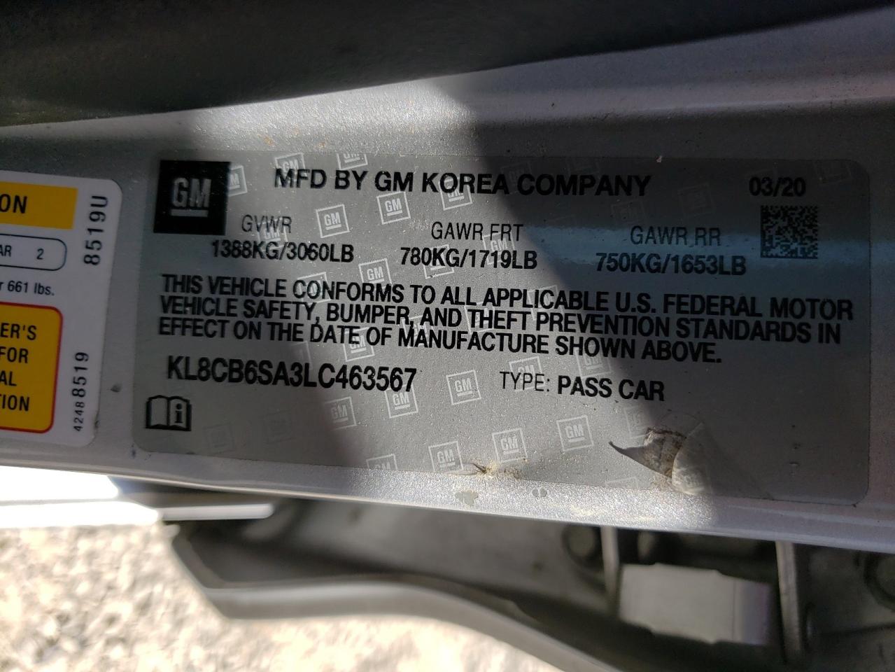 Photo 10 from auction – 2020 CHEVROLET SPARK LS with VIN KL8CB6SA3LC463567