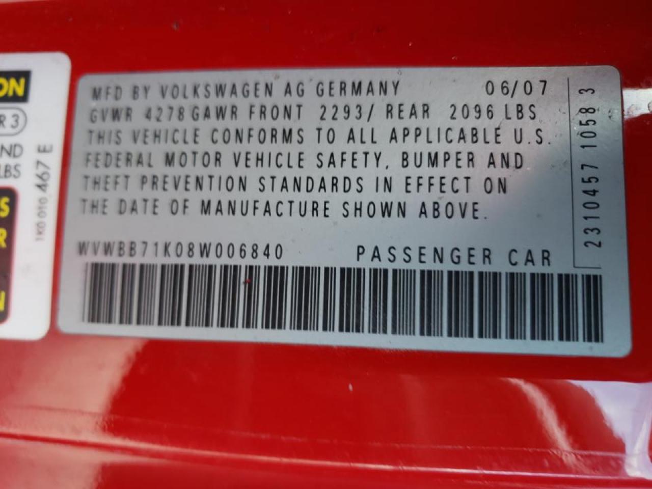 Photo 10 from auction – 2008 VOLKSWAGEN RABBIT with VIN WVWBB71K08W006840
