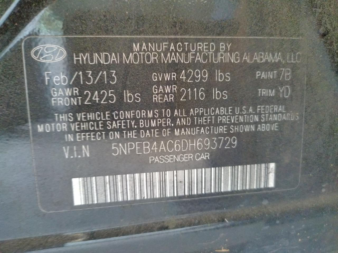 Photo 10 from auction – 2013 HYUNDAI SONATA GLS with VIN 5NPEB4AC6DH693729