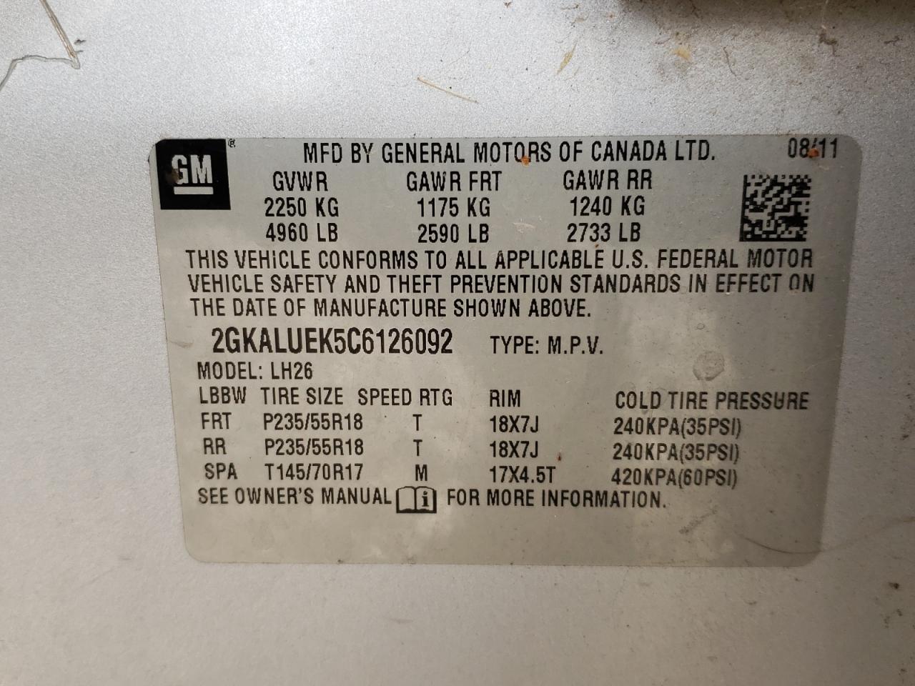 Photo 10 from auction – 2012 GMC TERRAIN SL with VIN 2GKALUEK5C6126092