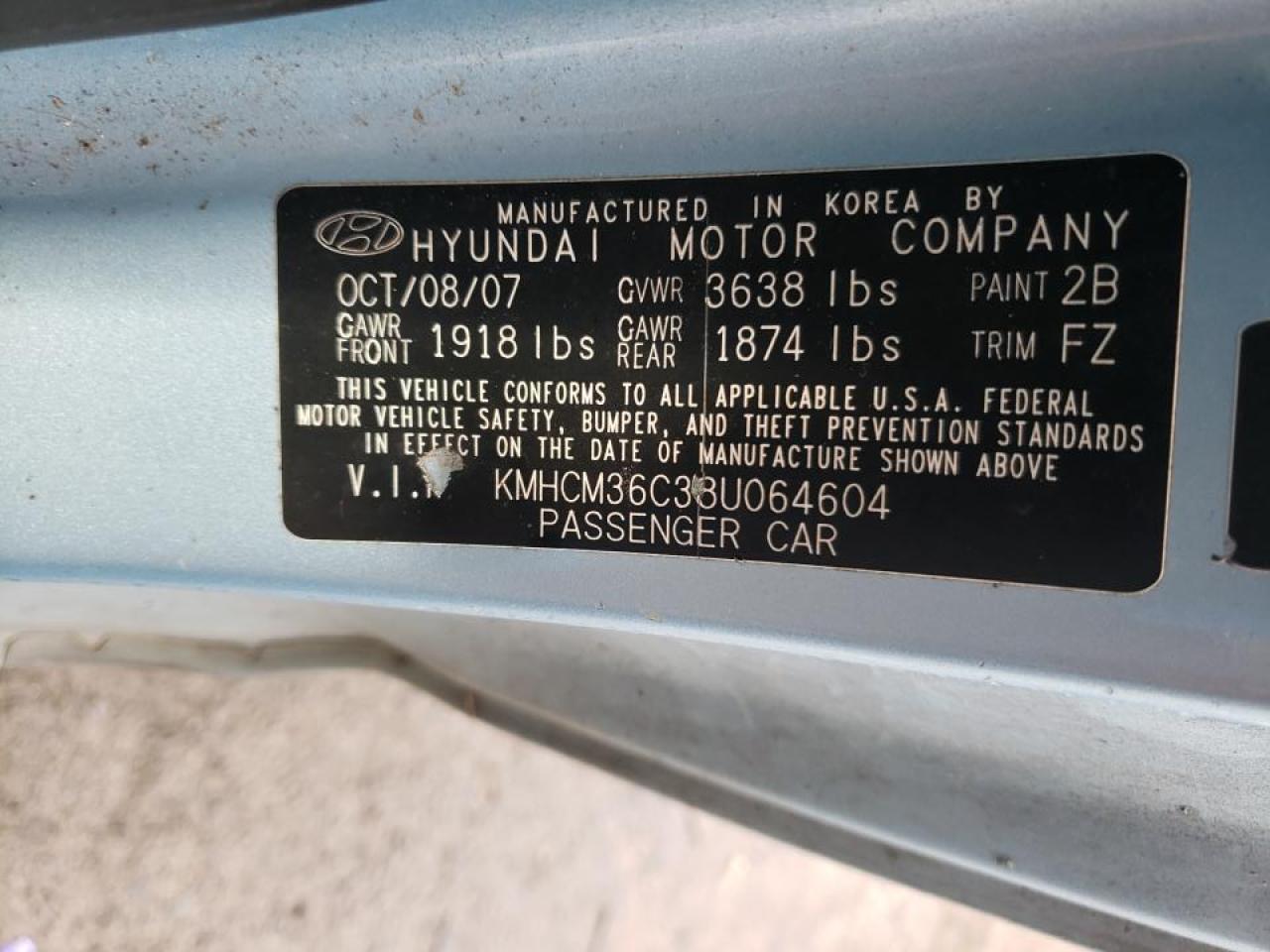 Photo 10 from auction – 2008 HYUNDAI ACCENT with VIN KMHCM36C38U064604