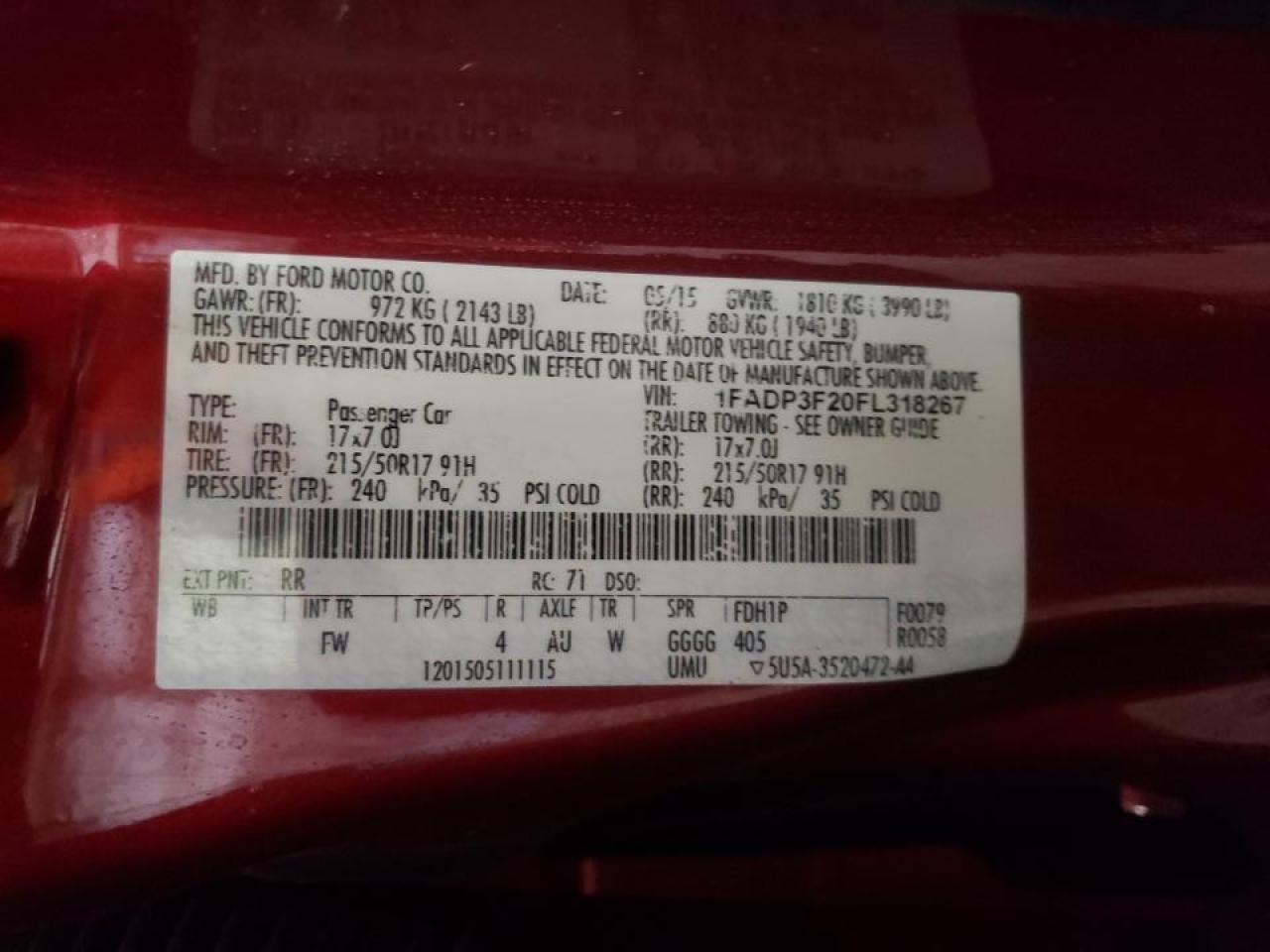 Photo 10 from auction – 2015 FORD FOCUS SE with VIN 1FADP3F20FL318267