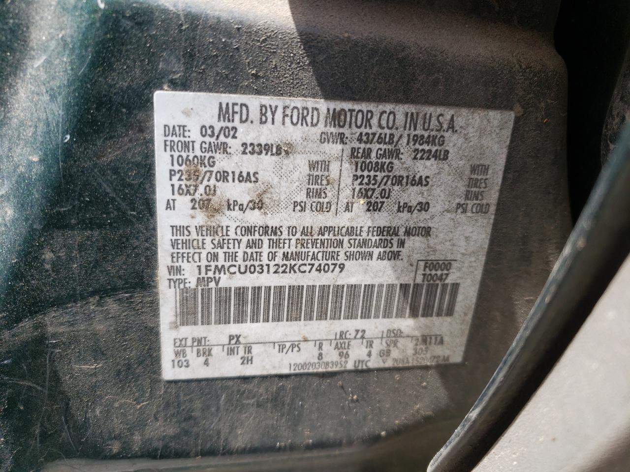 Photo 10 from auction – 2002 FORD ESCAPE XLT with VIN 1FMCU03122KC74079