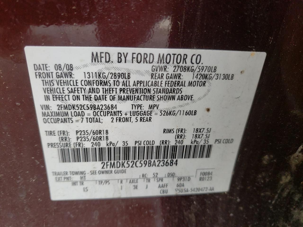 Photo 10 from auction – 2009 FORD FLEX SEL with VIN 2FMDK52C59BA23684