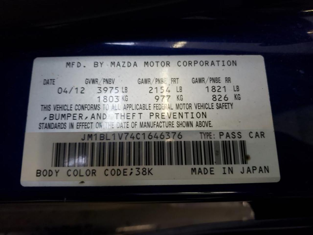 Photo 10 from auction – 2012 MAZDA 3 I with VIN JM1BL1V74C1646376