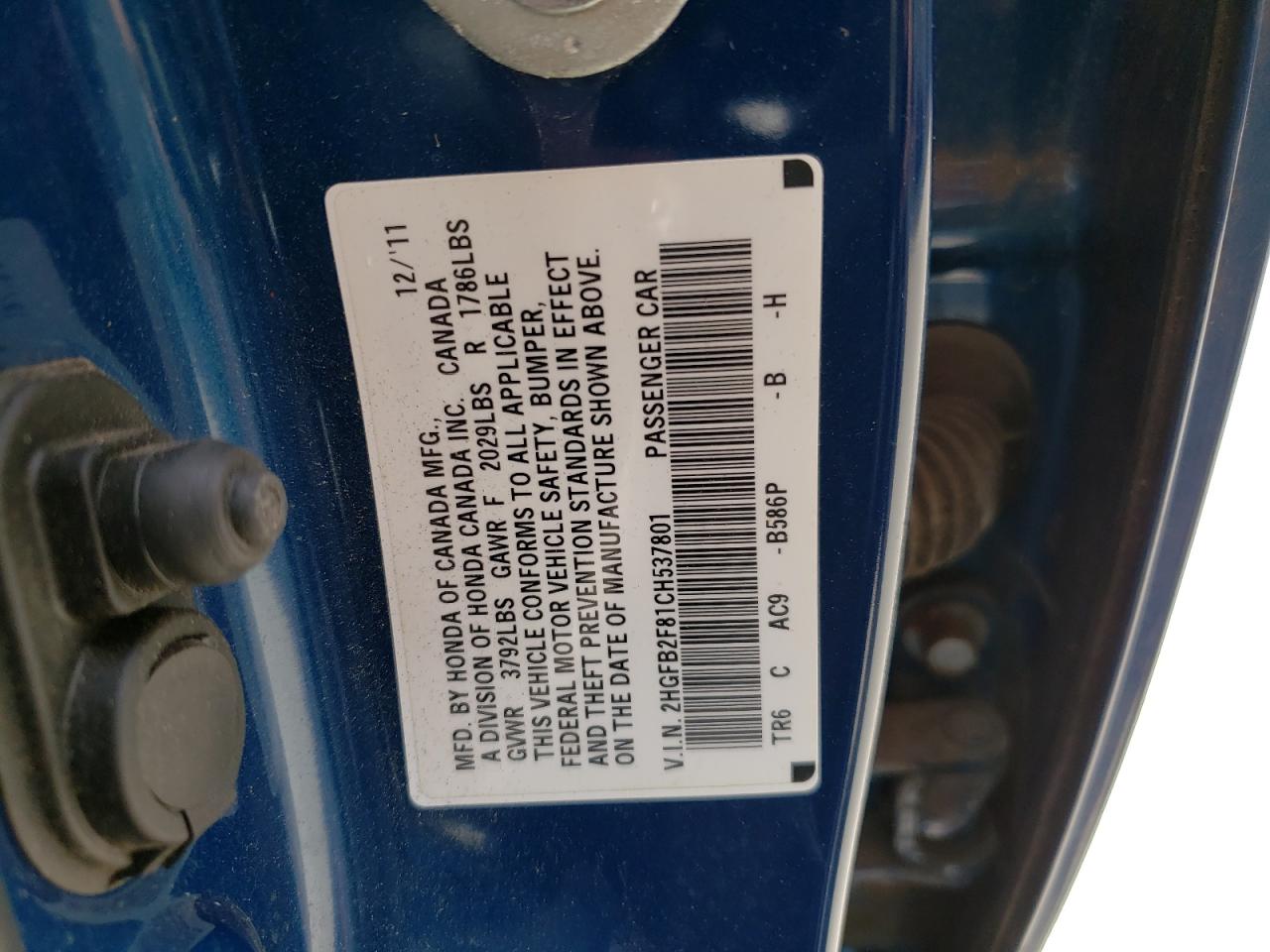Photo 10 from auction – 2012 HONDA CIVIC EX with VIN 2HGFB2F81CH537801