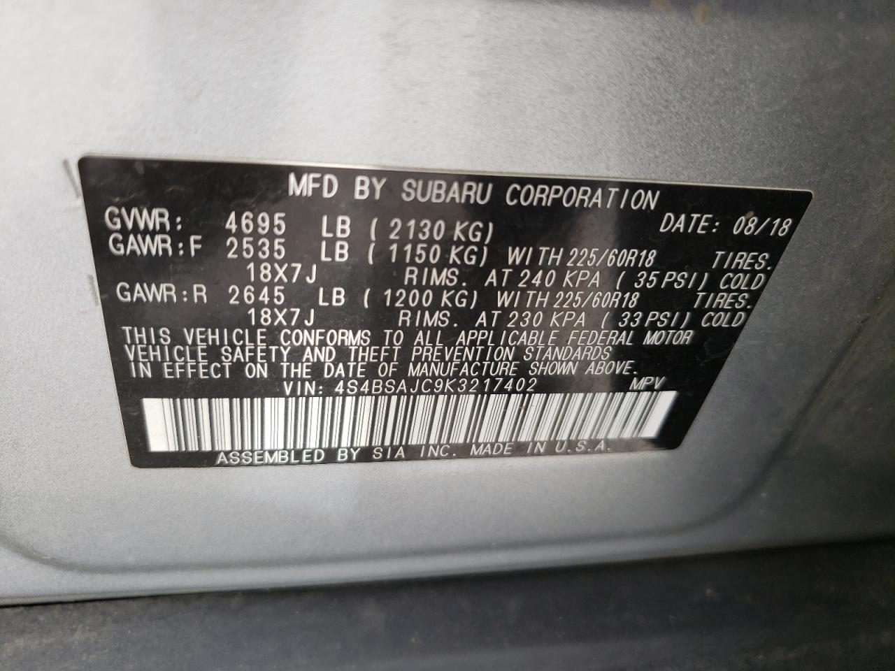 Photo 10 from auction – 2019 SUBARU OUTBACK 2. with VIN 4S4BSAJC9K3217402