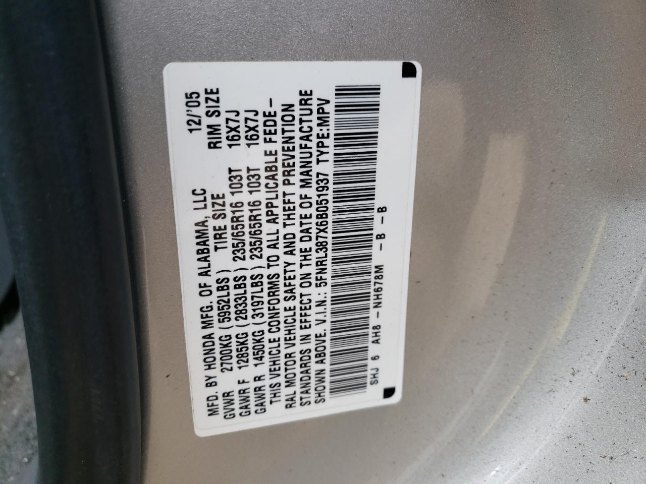Photo 10 from auction – 2006 HONDA ODYSSEY EX with VIN 5FNRL387X6B051937