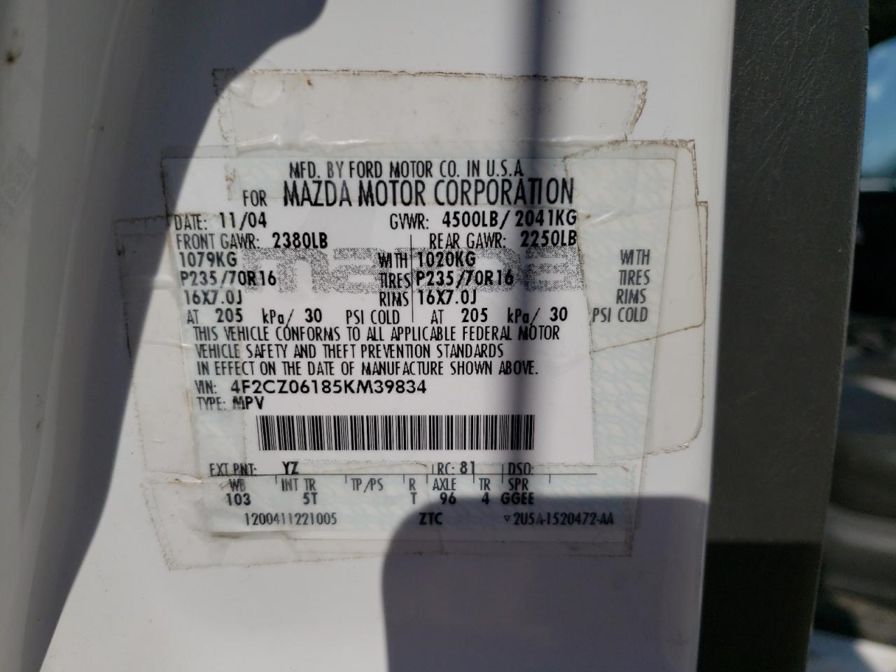 Photo 10 from auction – 2005 MAZDA TRIBUTE S with VIN 4F2CZ06185KM39834