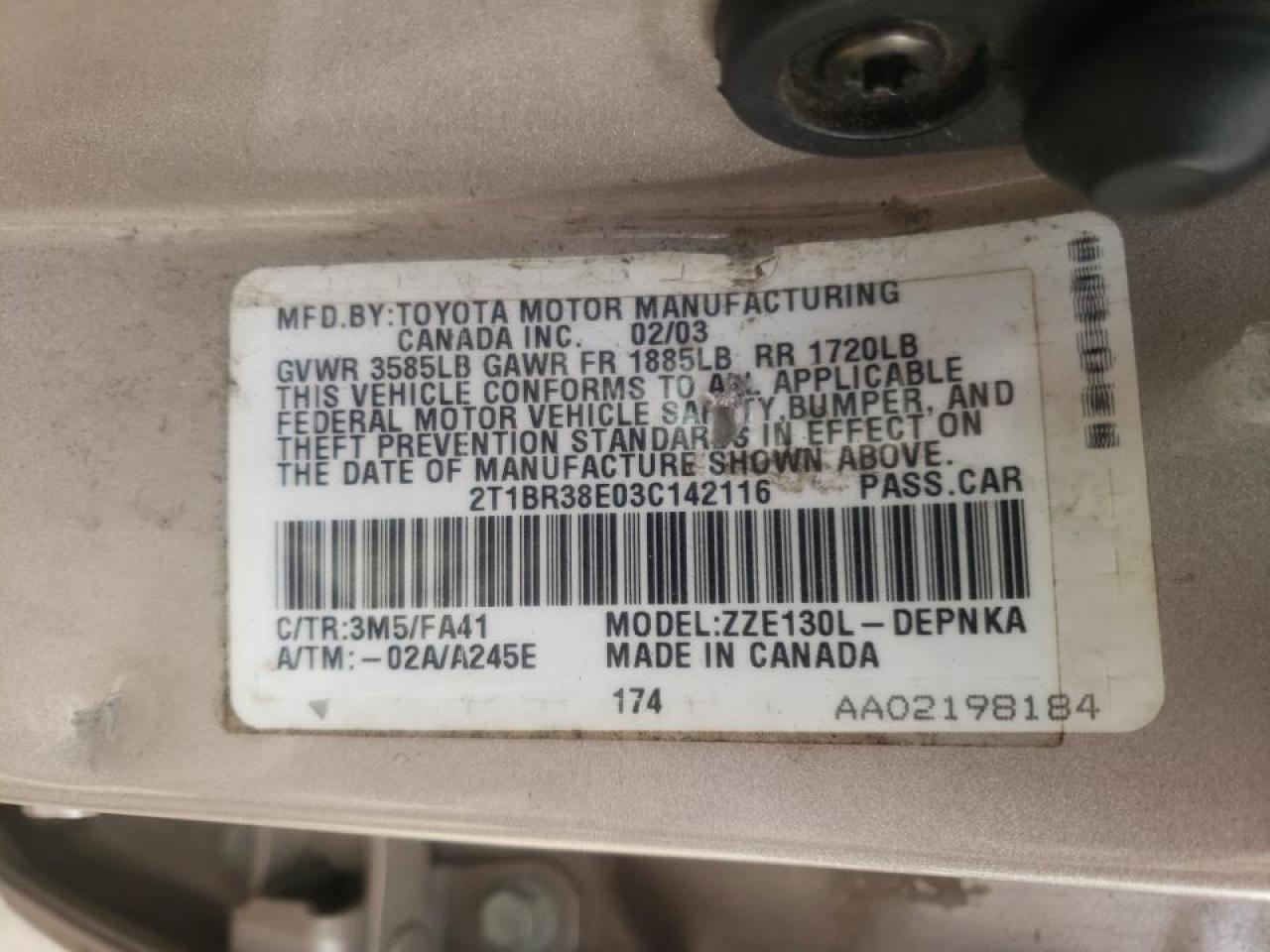Photo 10 from auction – 2003 TOYOTA COROLLA CE with VIN 2T1BR38E03C142116