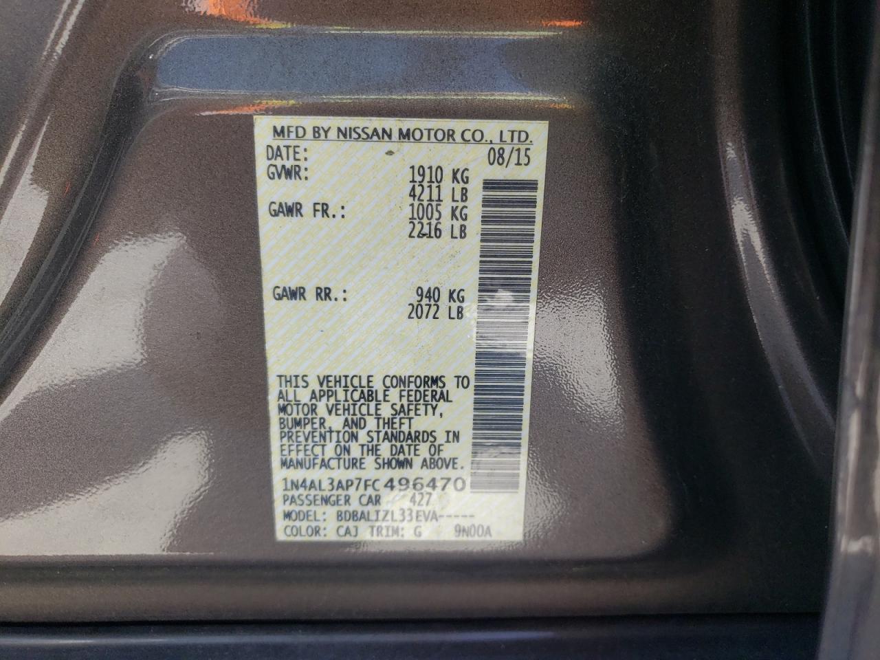 Photo 10 from auction – 2015 NISSAN ALTIMA 2.5 with VIN 1N4AL3AP7FC496470