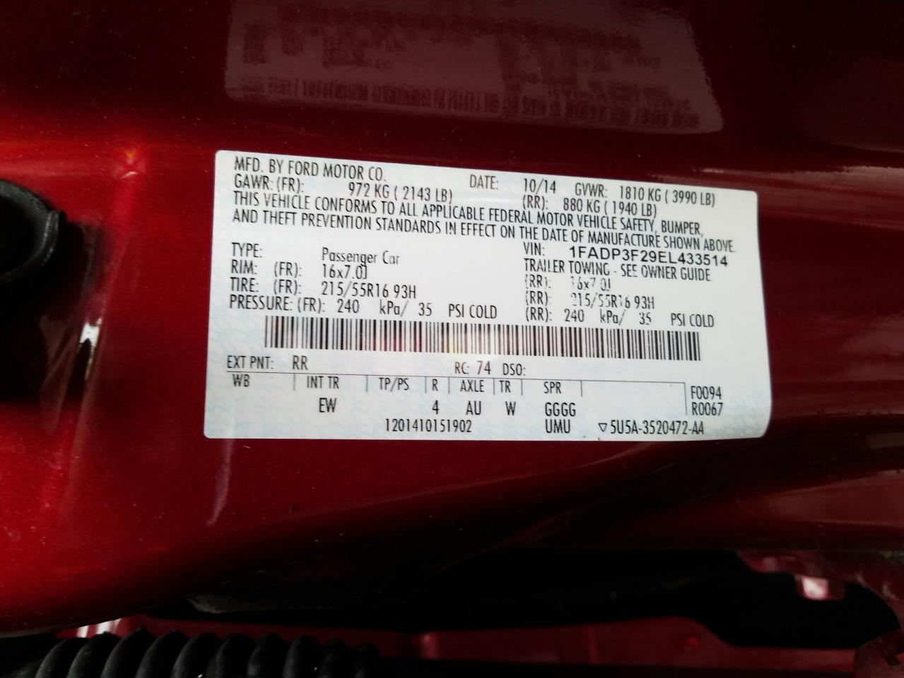 Photo 10 from auction – 2014 FORD FOCUS SE with VIN 1FADP3F29EL433514