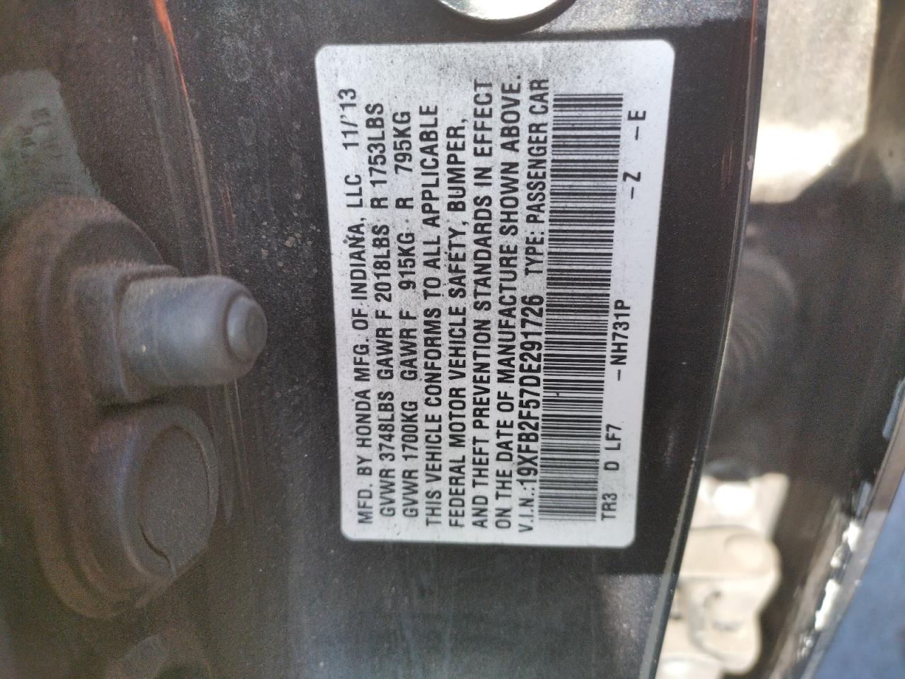 Photo 10 from auction – 2013 HONDA CIVIC LX with VIN 19XFB2F57DE291726