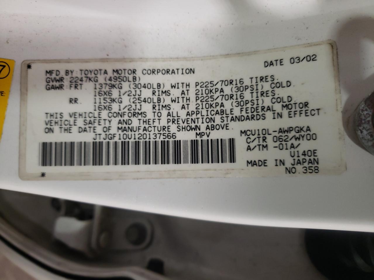 Photo 10 from auction – 2002 LEXUS RX 300 with VIN JTJGF10U120137566