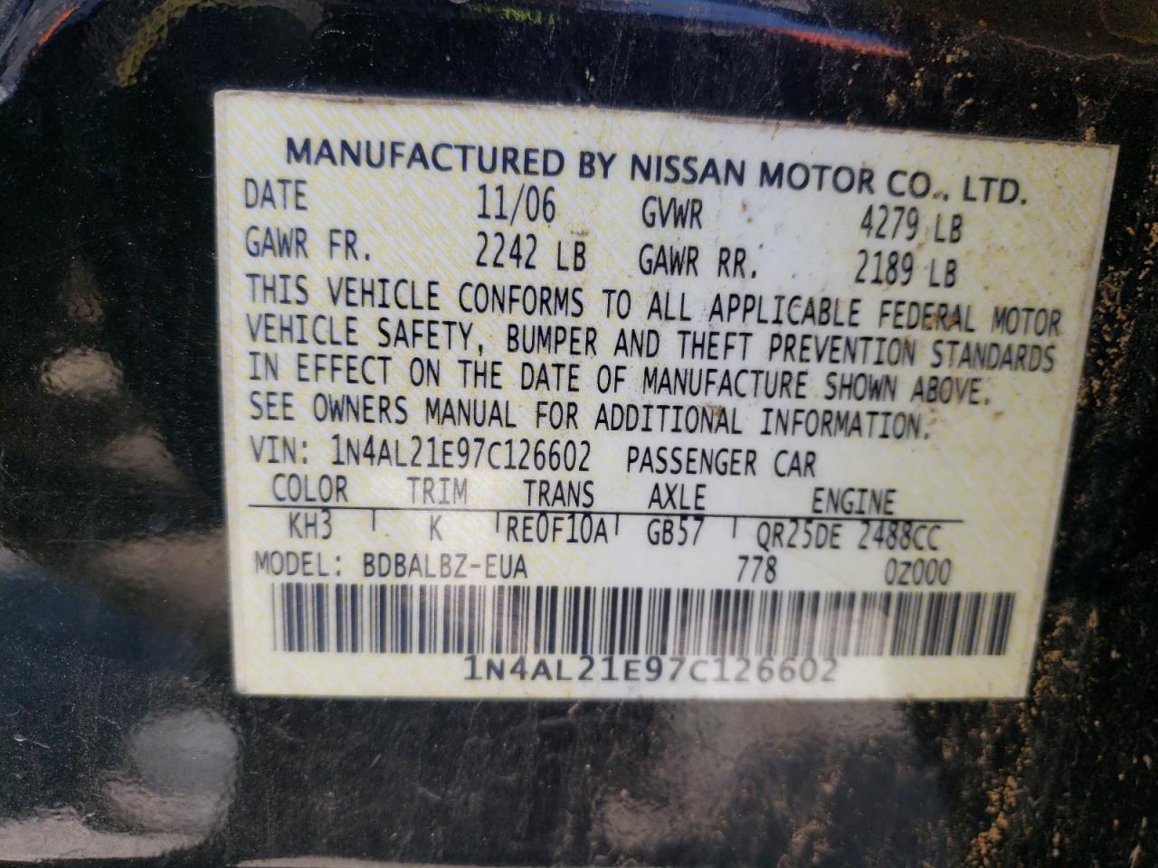 Photo 10 from auction – 2007 NISSAN ALTIMA 2.5 with VIN 1N4AL21E97C126602