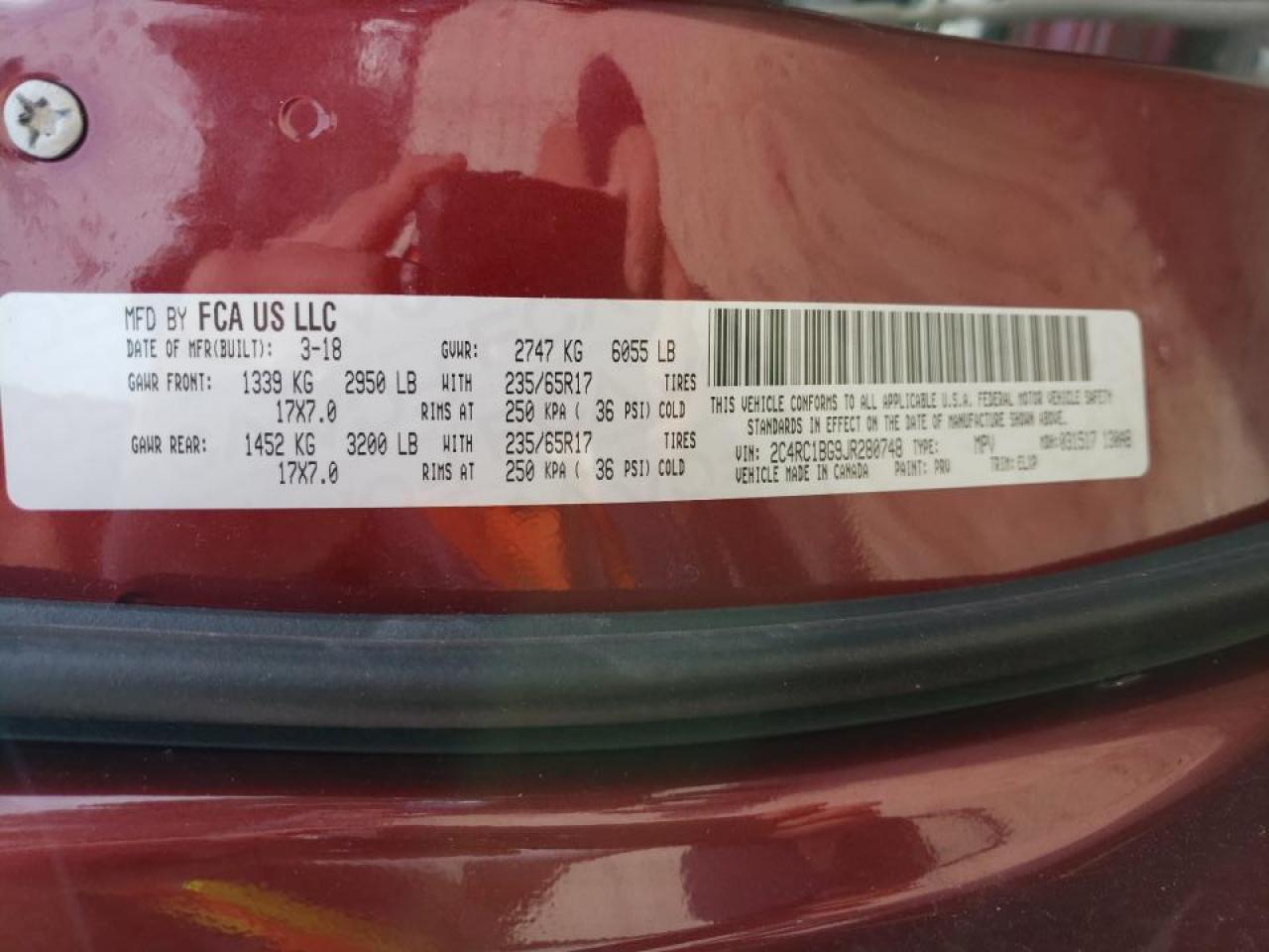 Photo 10 from auction – 2018 CHRYSLER PACIFICA T with VIN 2C4RC1BG9JR280748