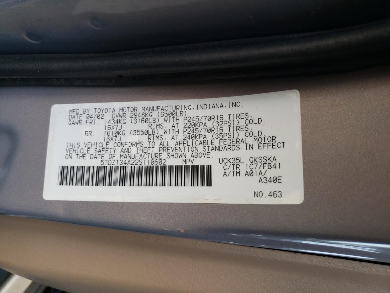 Photo 10 from auction – 2002 TOYOTA SEQUOIA SR with VIN 5TDZT34A22S110602