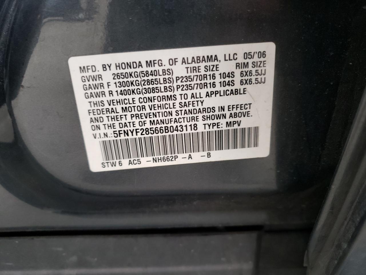 Photo 10 from auction – 2006 HONDA PILOT EX with VIN 5FNYF28566B043118