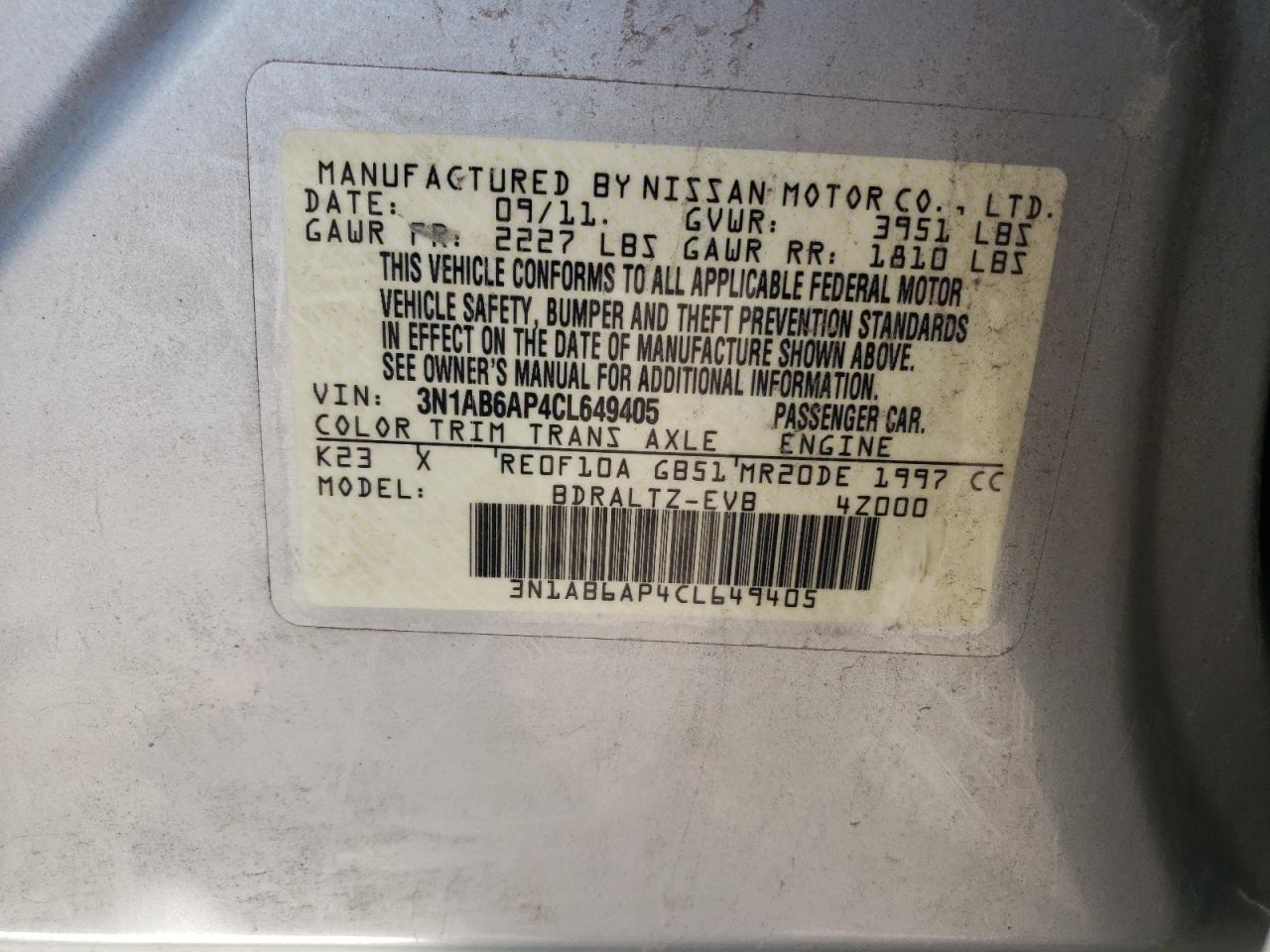 Photo 10 from auction – 2012 NISSAN SENTRA 2.0 with VIN 3N1AB6AP4CL649405