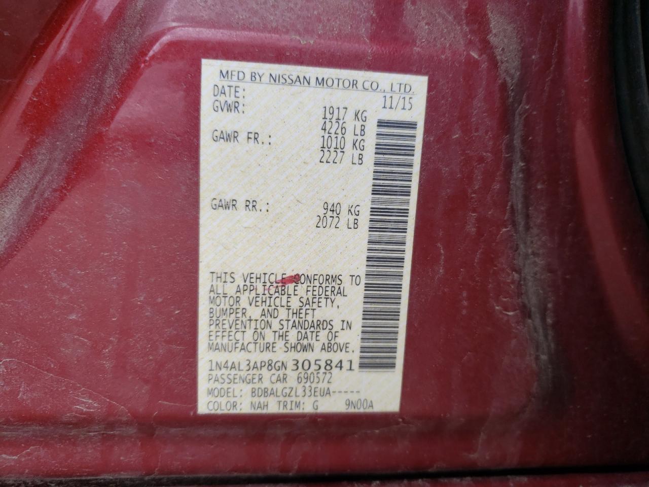 Photo 10 from auction – 2016 NISSAN ALTIMA 2.5 with VIN 1N4AL3AP8GN305841