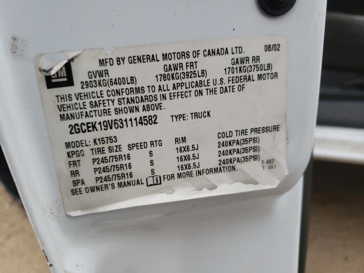 Photo 10 from auction – 2003 CHEVROLET SILVERADO with VIN 2GCEK19V631114582