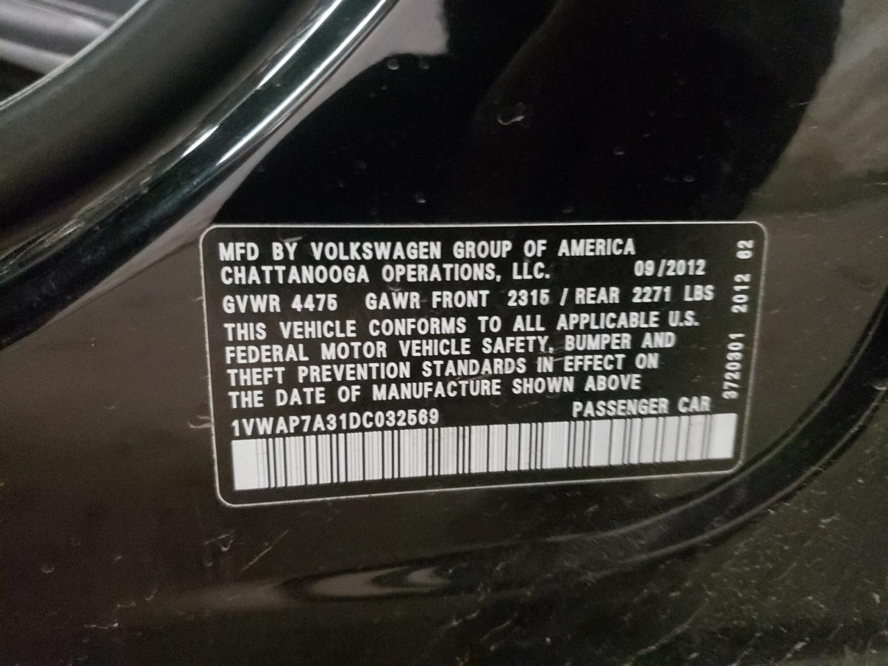 Photo 10 from auction – 2013 VOLKSWAGEN PASSAT S with VIN 1VWAP7A31DC032569