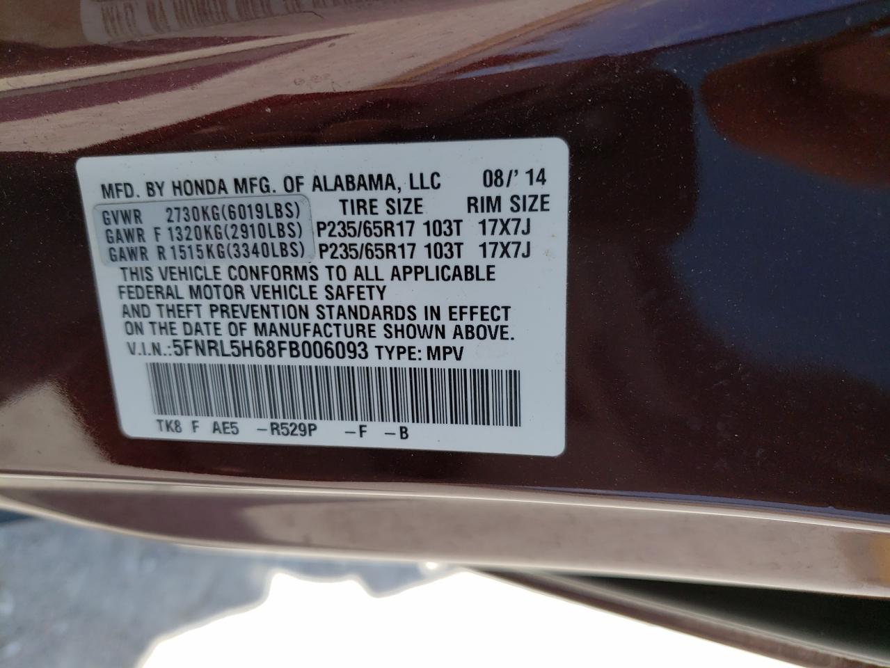 Photo 10 from auction – 2015 HONDA ODYSSEY EX with VIN 5FNRL5H68FB006093