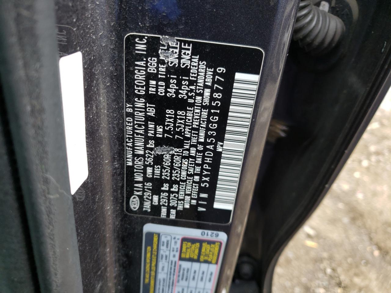 Photo 10 from auction – 2016 KIA SORENTO EX with VIN 5XYPHDA53GG158779