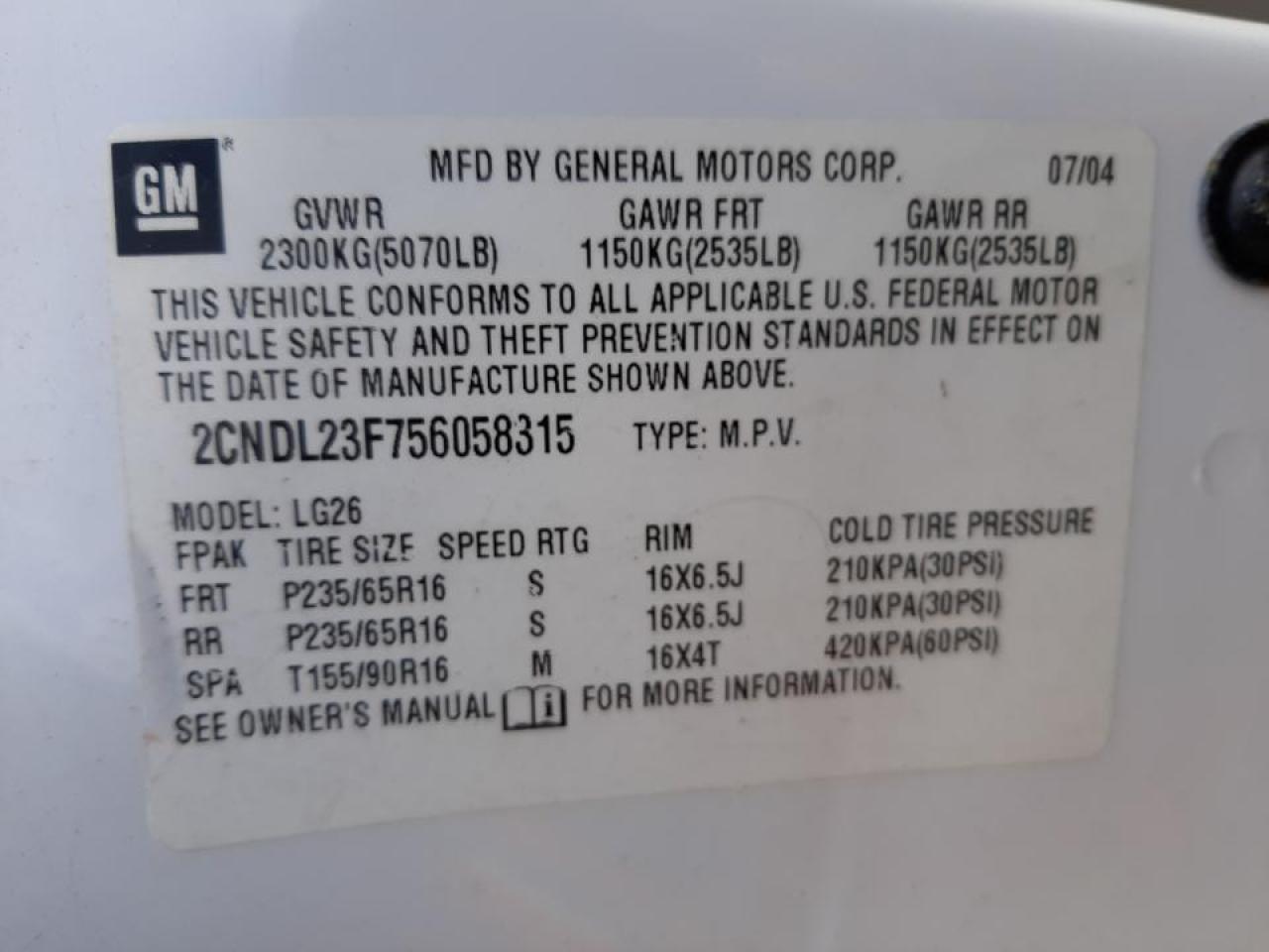 Photo 10 from auction – 2005 CHEVROLET EQUINOX LS with VIN 2CNDL23F756058315