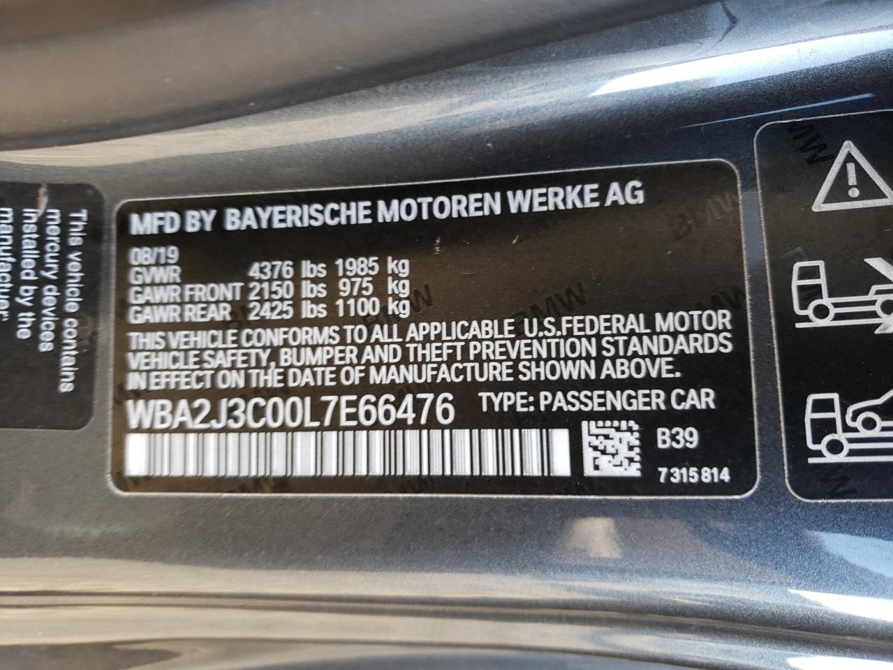 Photo 10 from auction – 2020 BMW 230XI with VIN WBA2J3C00L7E66476