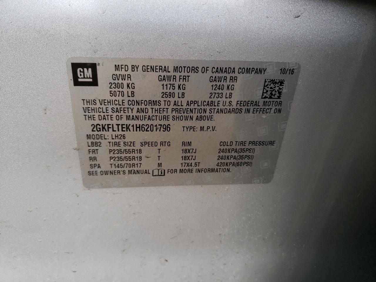 Photo 10 from auction – 2017 GMC TERRAIN SL with VIN 2GKFLTEK1H6201796