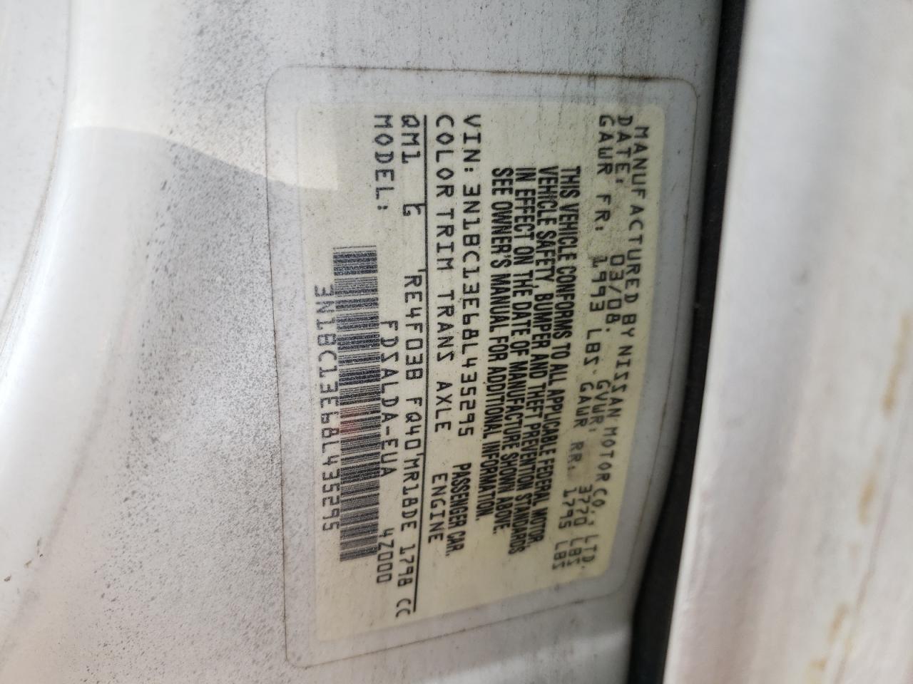 Photo 10 from auction – 2008 NISSAN VERSA S with VIN 3N1BC13E68L435295