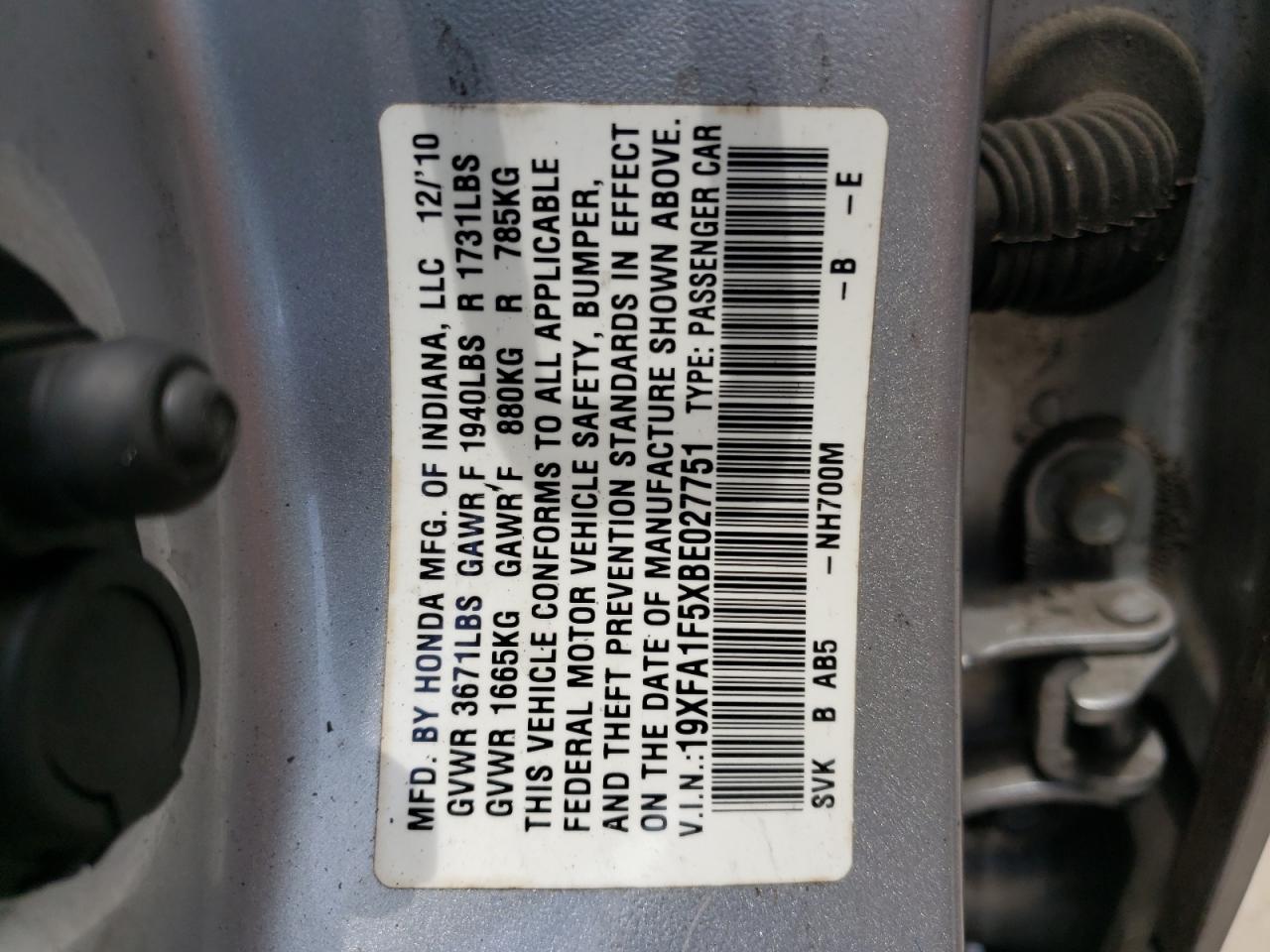 Zdjęcie 10 z aukcji – 2011 HONDA CIVIC LX z VIN 19XFA1F5XBE027751