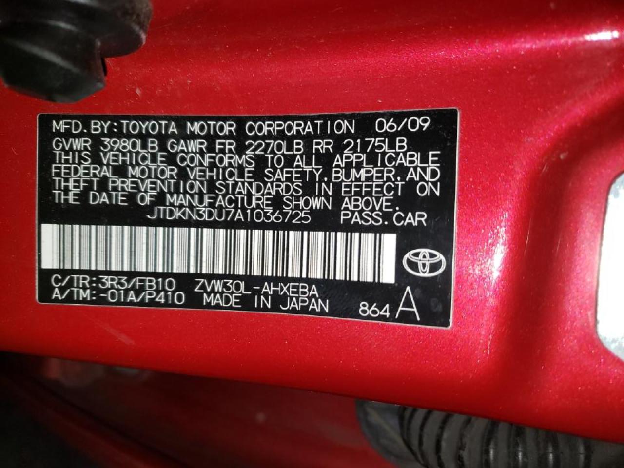 Photo 10 from auction – 2010 TOYOTA PRIUS with VIN JTDKN3DU7A1036725