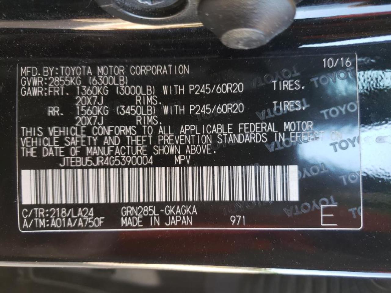 Photo 10 from auction – 2016 TOYOTA 4RUNNER SR with VIN JTEBU5JR4G5390004