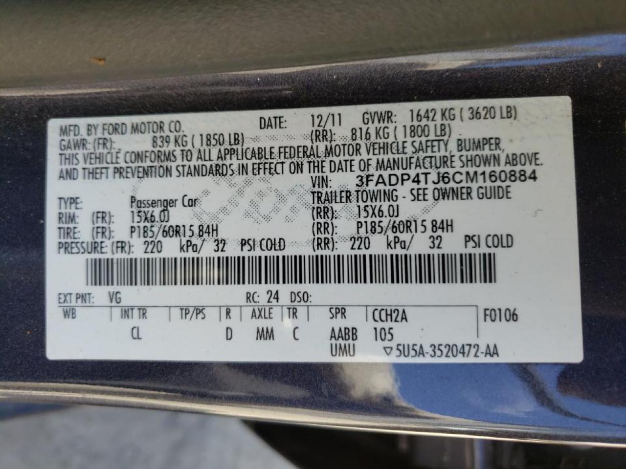 Photo 10 from auction – 2012 FORD FIESTA S with VIN 3FADP4TJ6CM160884