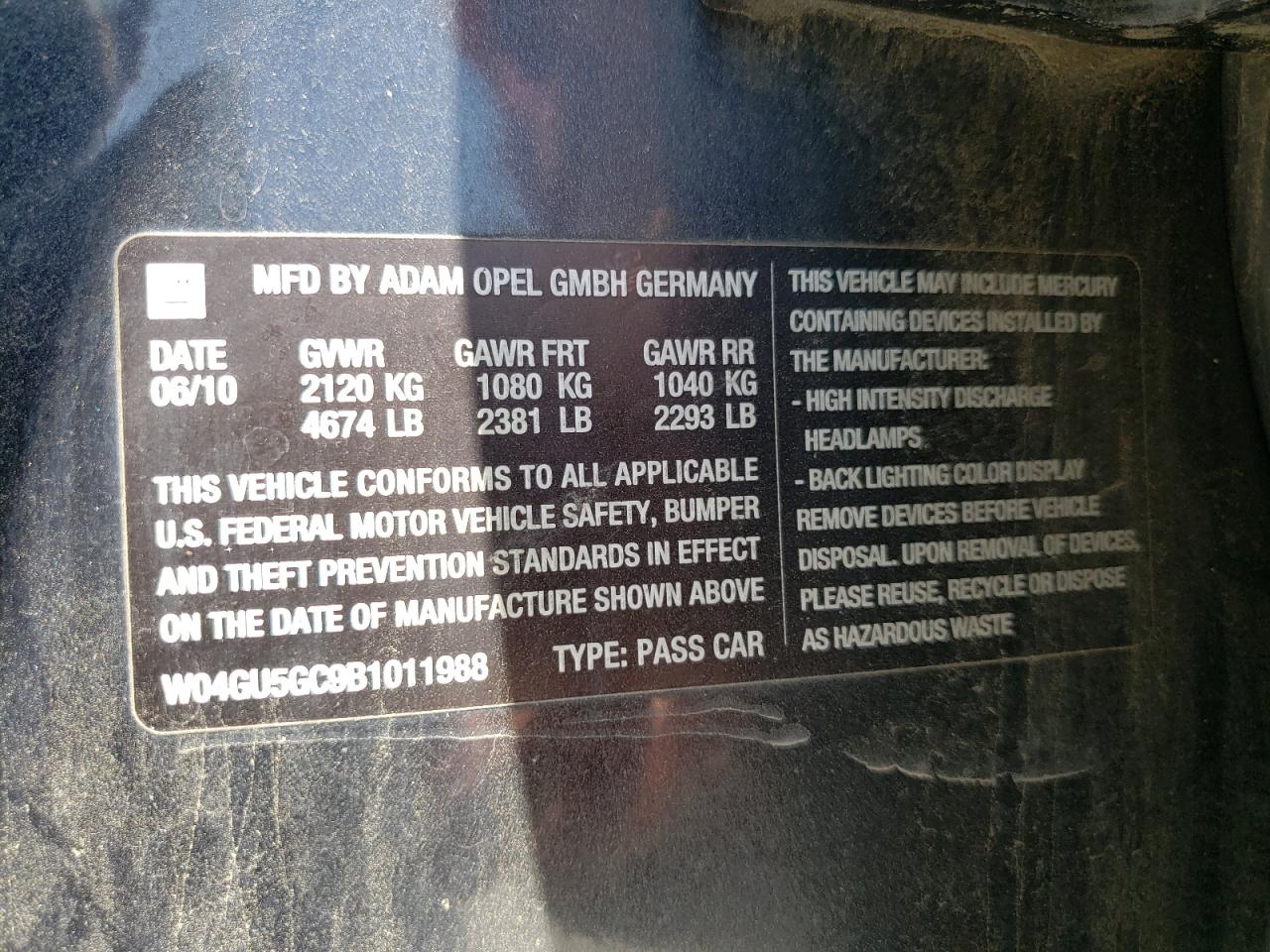 Photo 10 from auction – 2011 BUICK REGAL CXL with VIN W04GU5GC9B1011988