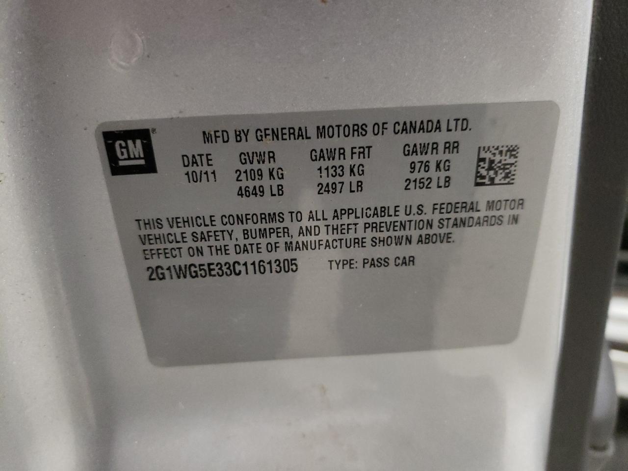 Photo 10 from auction – 2012 CHEVROLET IMPALA LT with VIN 2G1WG5E33C1161305