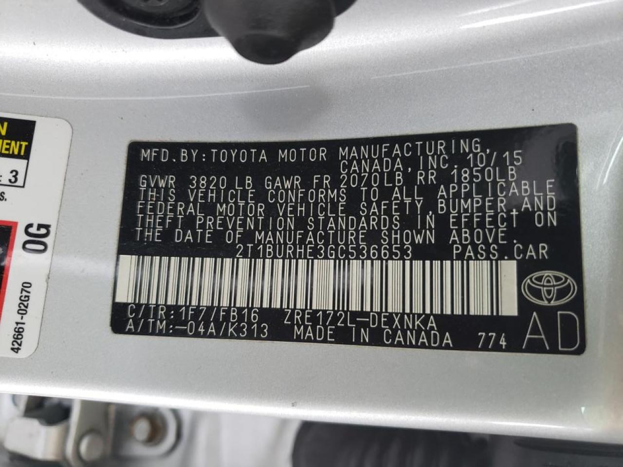 Photo 10 from auction – 2016 TOYOTA COROLLA L with VIN 2T1BURHE3GC536653
