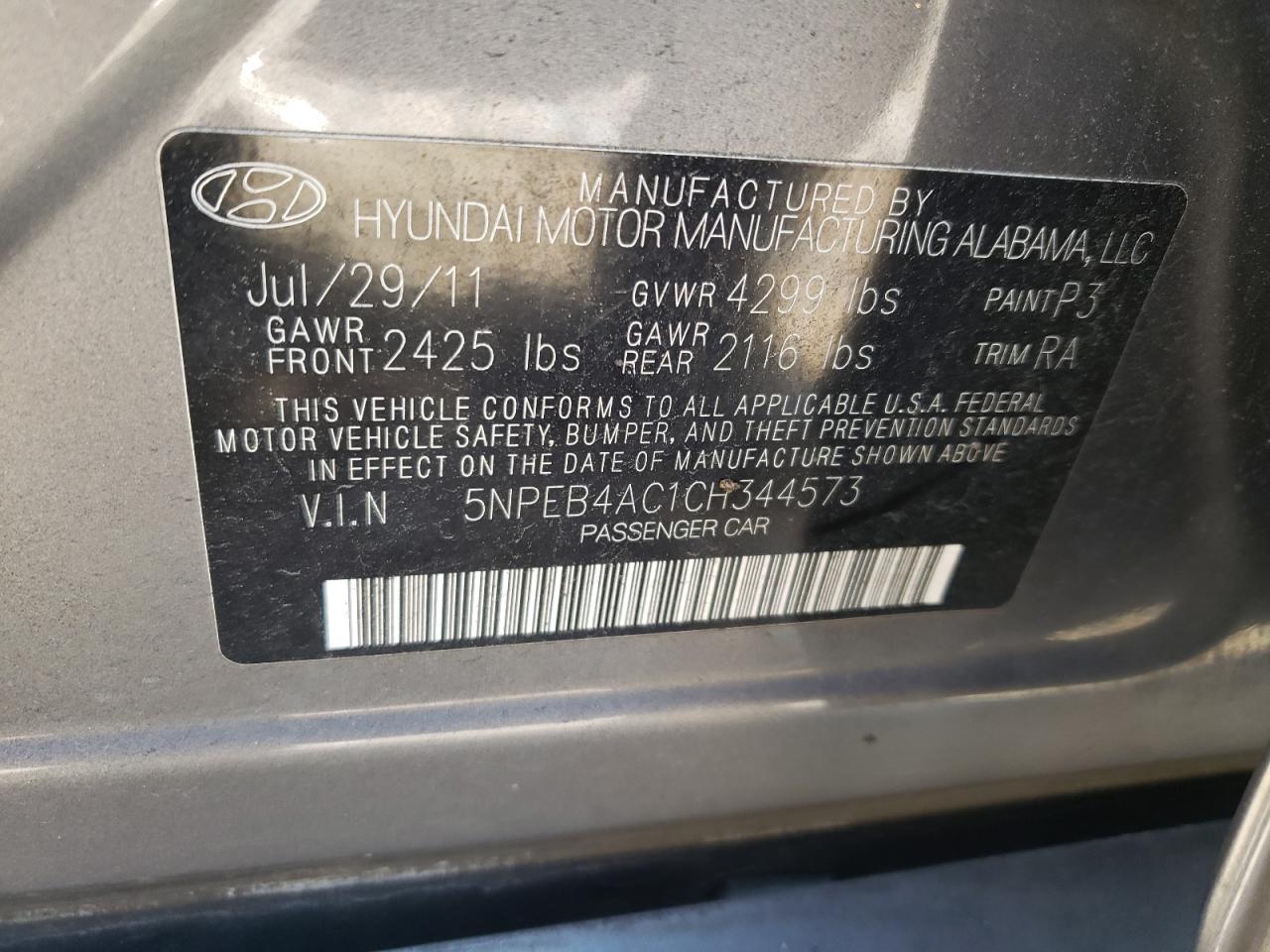 Photo 10 from auction – 2012 HYUNDAI SONATA GLS with VIN 5NPEB4AC1CH344573