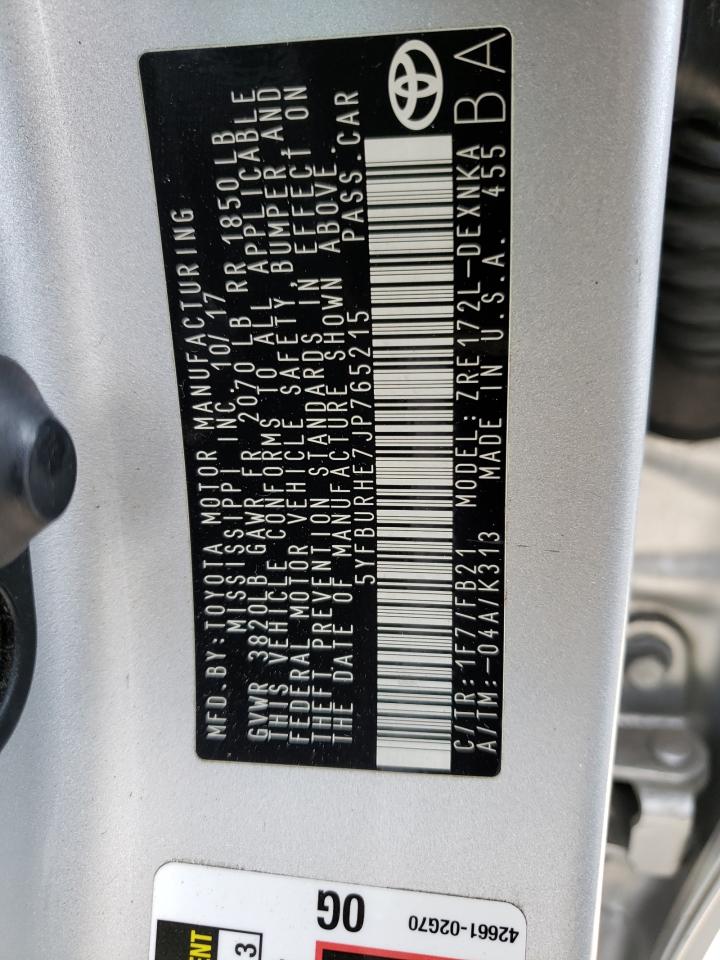 Photo 10 from auction – 2018 TOYOTA COROLLA L with VIN 5YFBURHE7JP765215