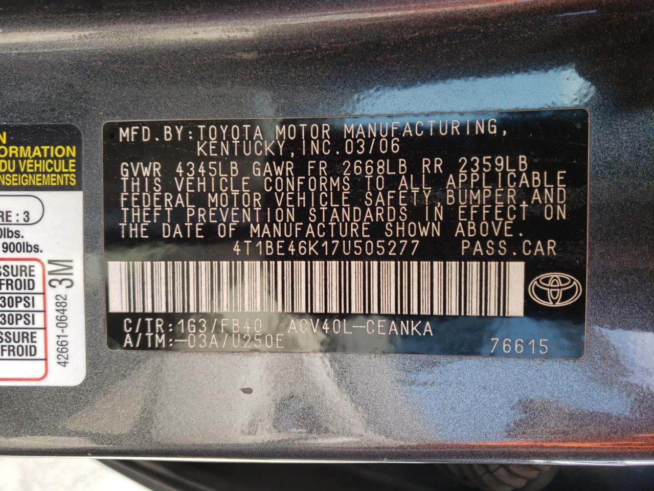 Photo 10 from auction – 2007 TOYOTA CAMRY with VIN 4T1BE46K17U505277