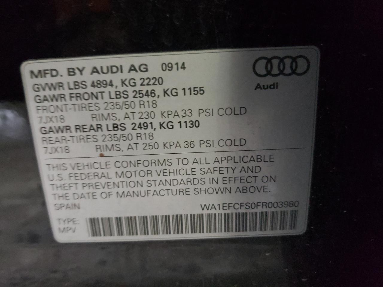 Photo 10 from auction – 2015 AUDI Q3 PREMIUM with VIN WA1EFCFS0FR003980