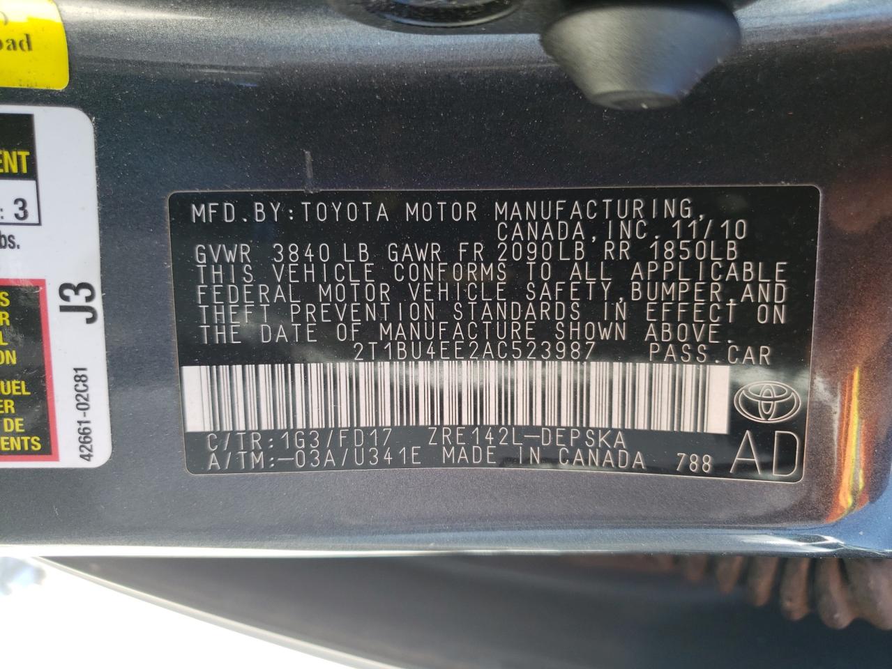 Photo 10 from auction – 2010 TOYOTA COROLLA BA with VIN 2T1BU4EE2AC523987