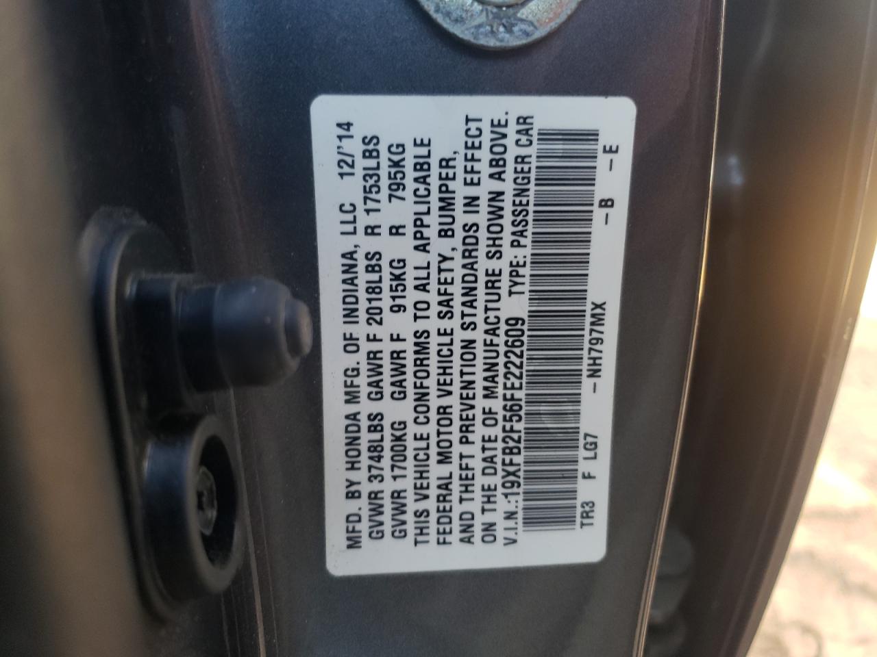 Photo 10 from auction – 2015 HONDA CIVIC LX with VIN 19XFB2F56FE222609