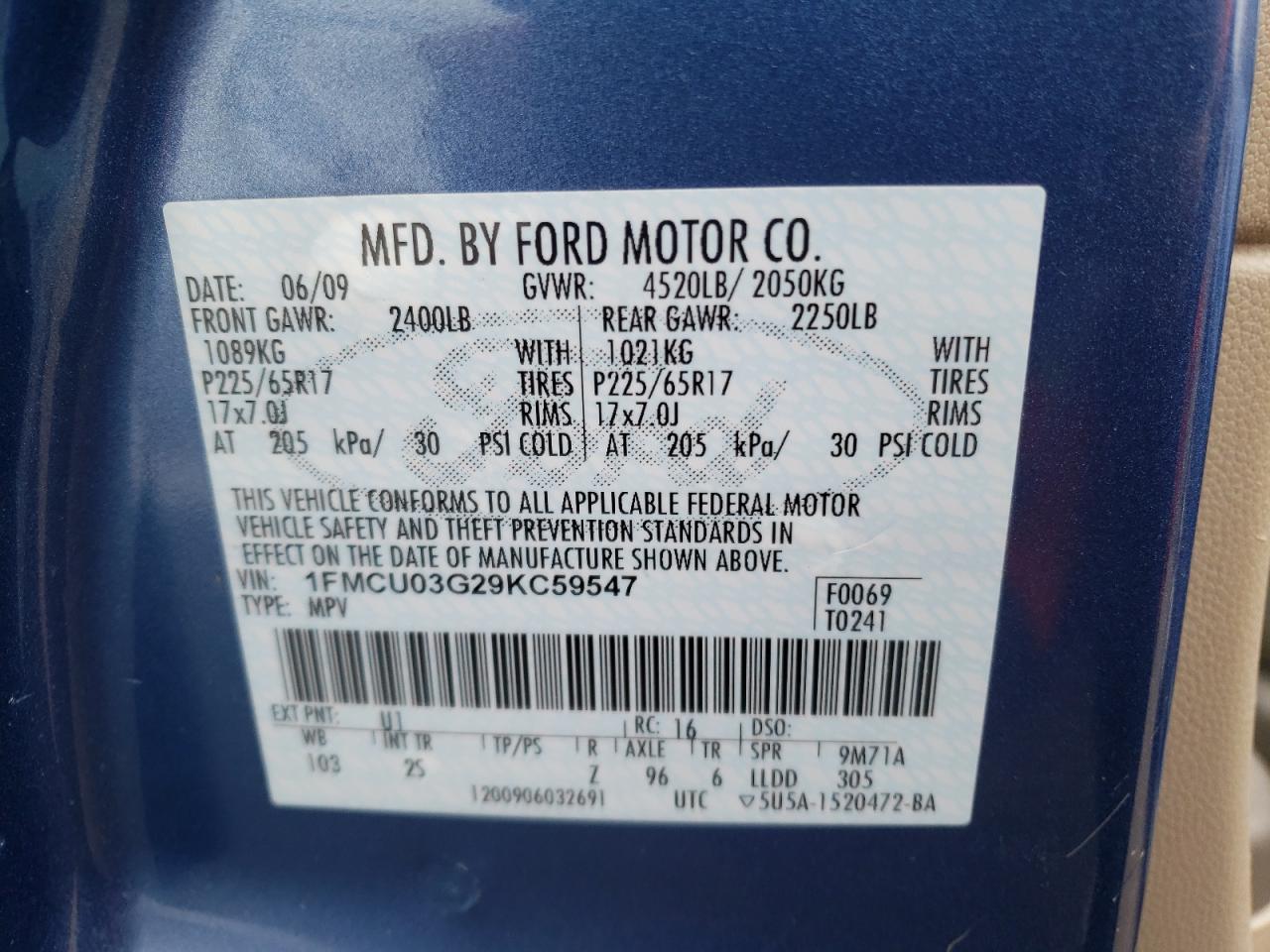 Photo 10 from auction – 2009 FORD ESCAPE XLT with VIN 1FMCU03G29KC59547