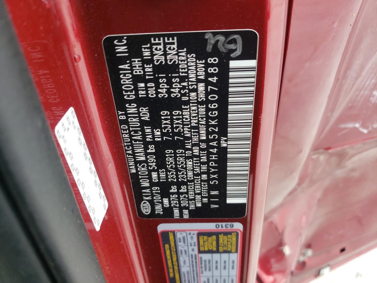 Photo 10 from auction – 2019 KIA SORENTO EX with VIN 5XYPH4A52KG607488