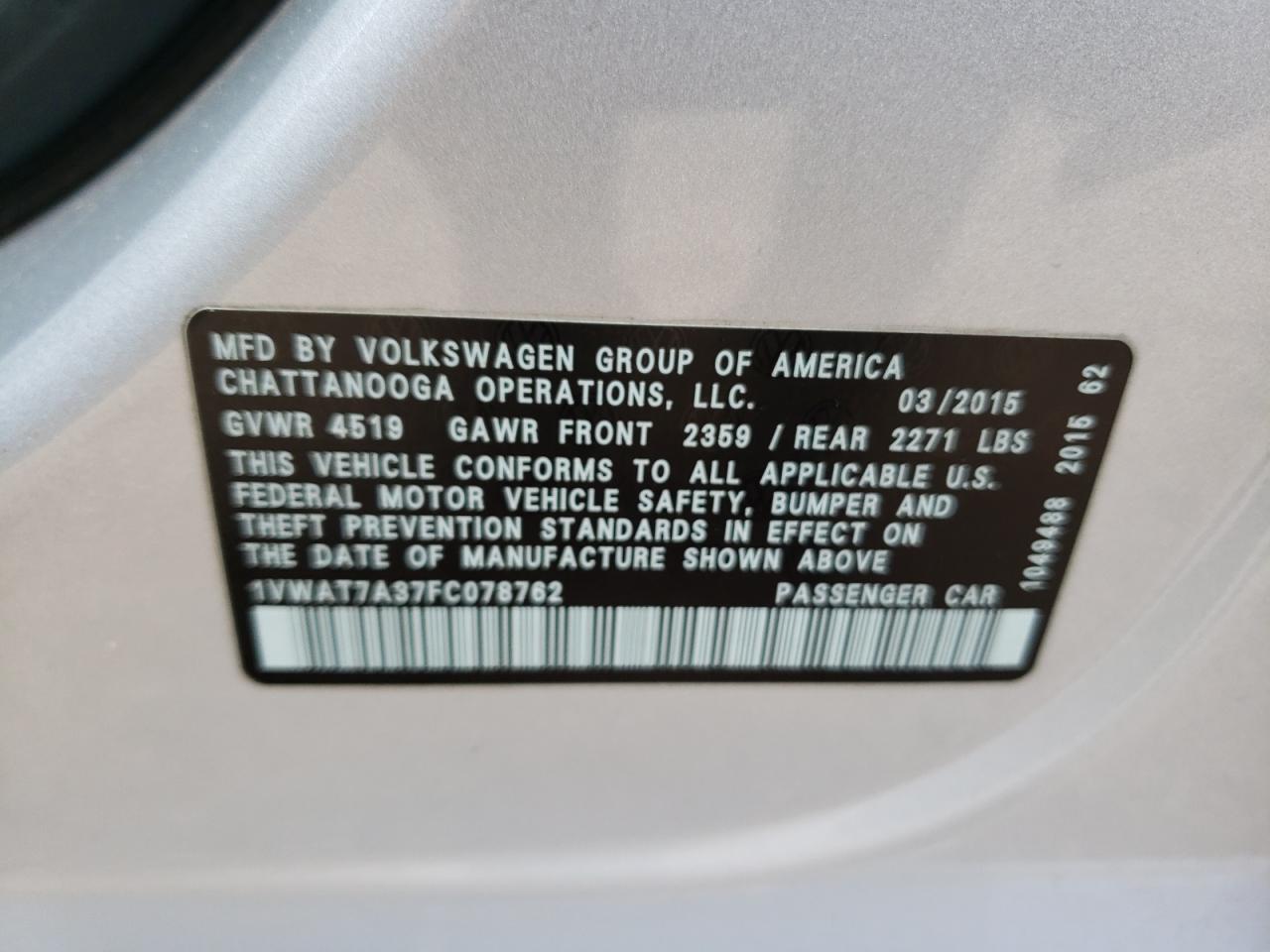 Photo 10 from auction – 2015 VOLKSWAGEN PASSAT S with VIN 1VWAT7A37FC078762