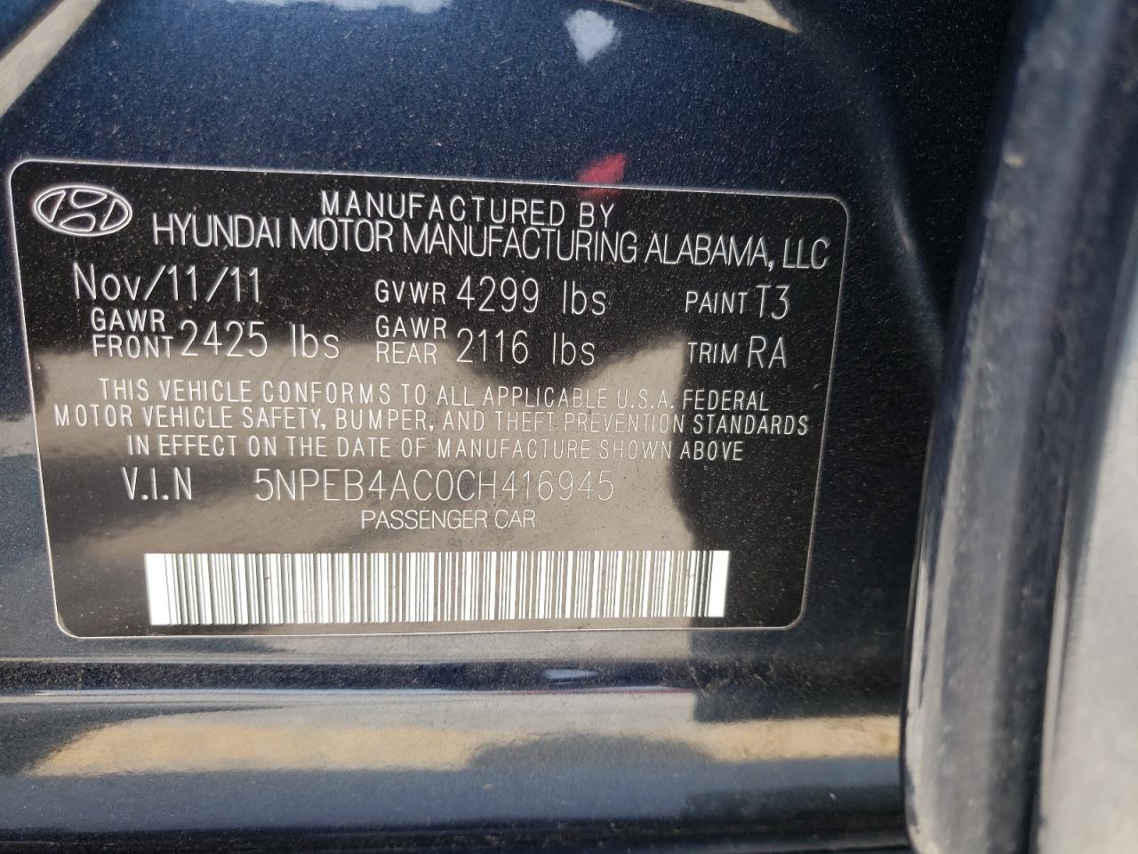 Photo 10 from auction – 2012 HYUNDAI SONATA GLS with VIN 5NPEB4AC0CH416945